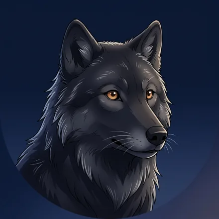 An original gentle dark wolf with silver-tipped fur and bright amber eyes, softly lit face, midnight blue background