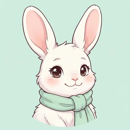 An original adorable white rabbit with a mint scarf and oversized expressive ears, round friendly face, pale mint background