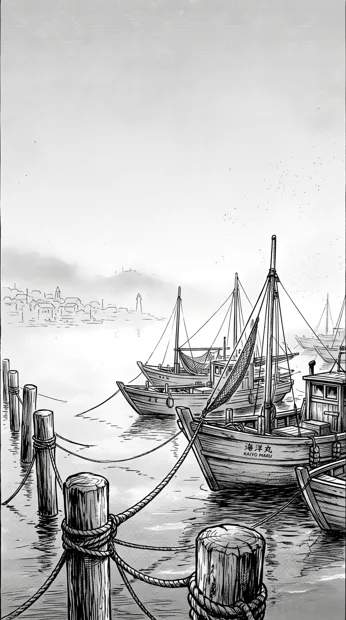 Small fishing boats moored in a quiet foggy harbor, ropes and wooden posts in foreground, delicate distant town outlines