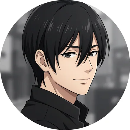 An original adult character with straight black hair covering one eyebrow, minimal black jacket, subtle smile, grayscale background