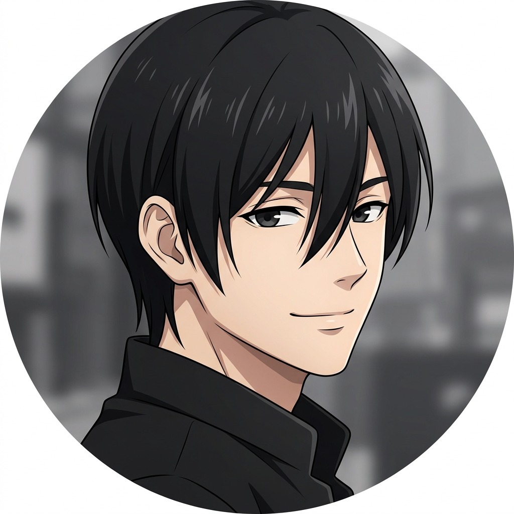 An original adult character with straight black hair covering one eyebrow, minimal black jacket, subtle smile, grayscale background