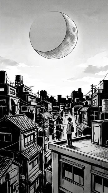 A small lone figure standing on a rooftop overlooking dense original city architecture, huge white moon above, strong black silhouettes