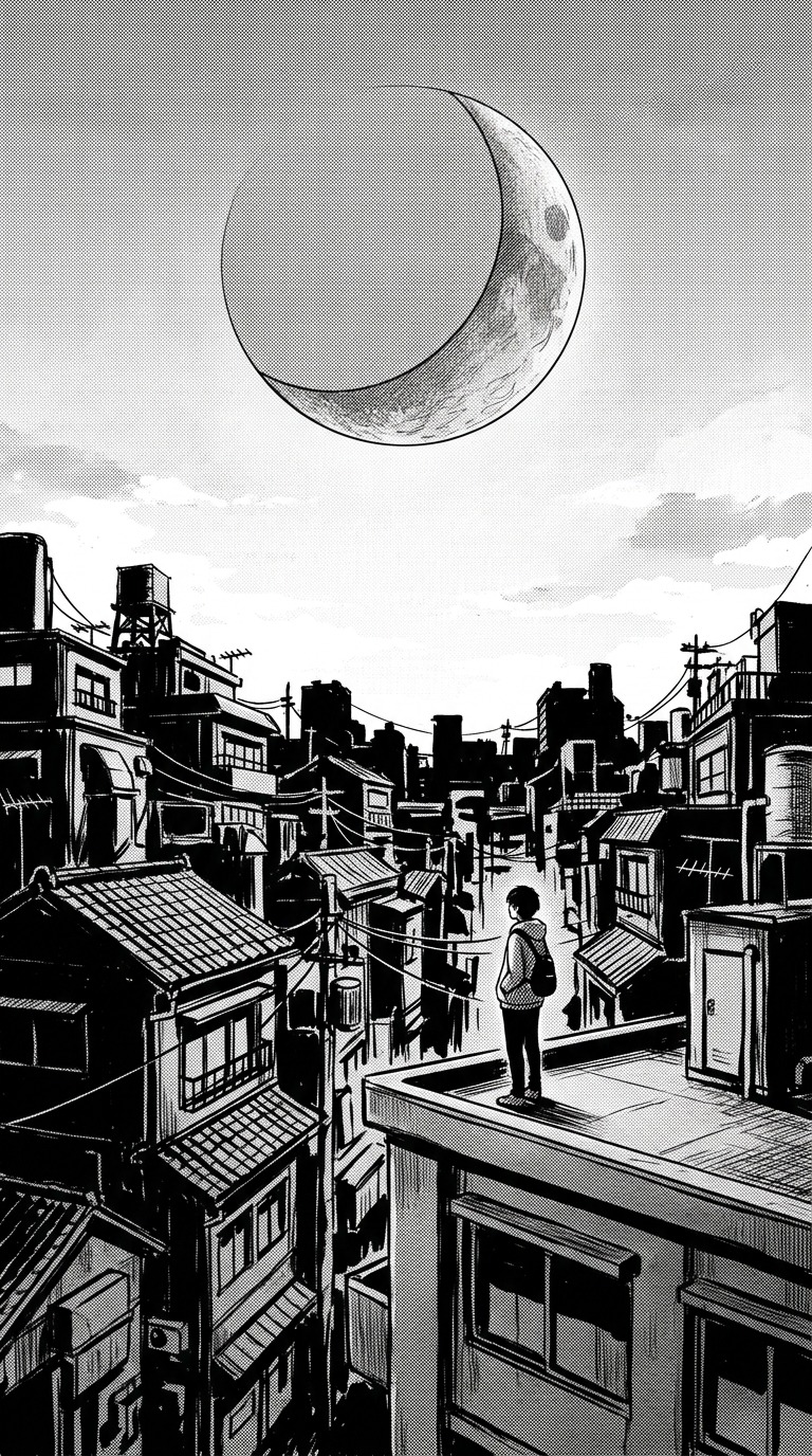A small lone figure standing on a rooftop overlooking dense original city architecture, huge white moon above, strong black silhouettes