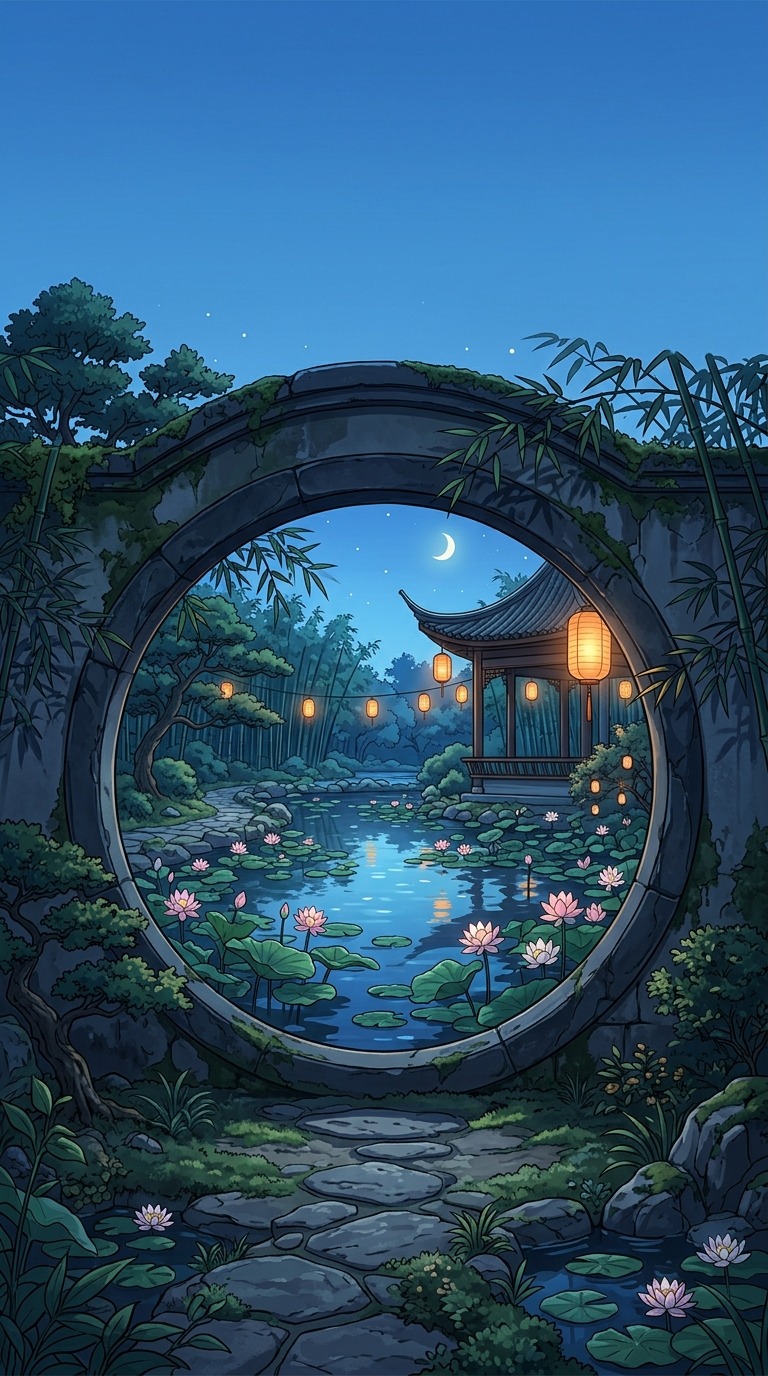 A circular stone moon gate framing a tranquil lotus pond, bamboo shadows and hanging lanterns, blue hour with subtle amber highlights