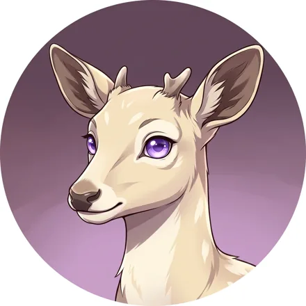 An original young deer with tiny antlers, soft cream fur and luminous violet eyes, dusky purple background, gentle expression