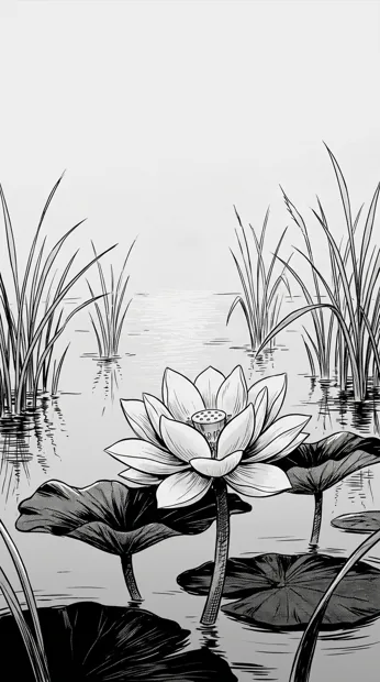 A quiet lotus pond with one large pale flower in the foreground, slender reeds and reflected moonlight, minimalist black-and-white design