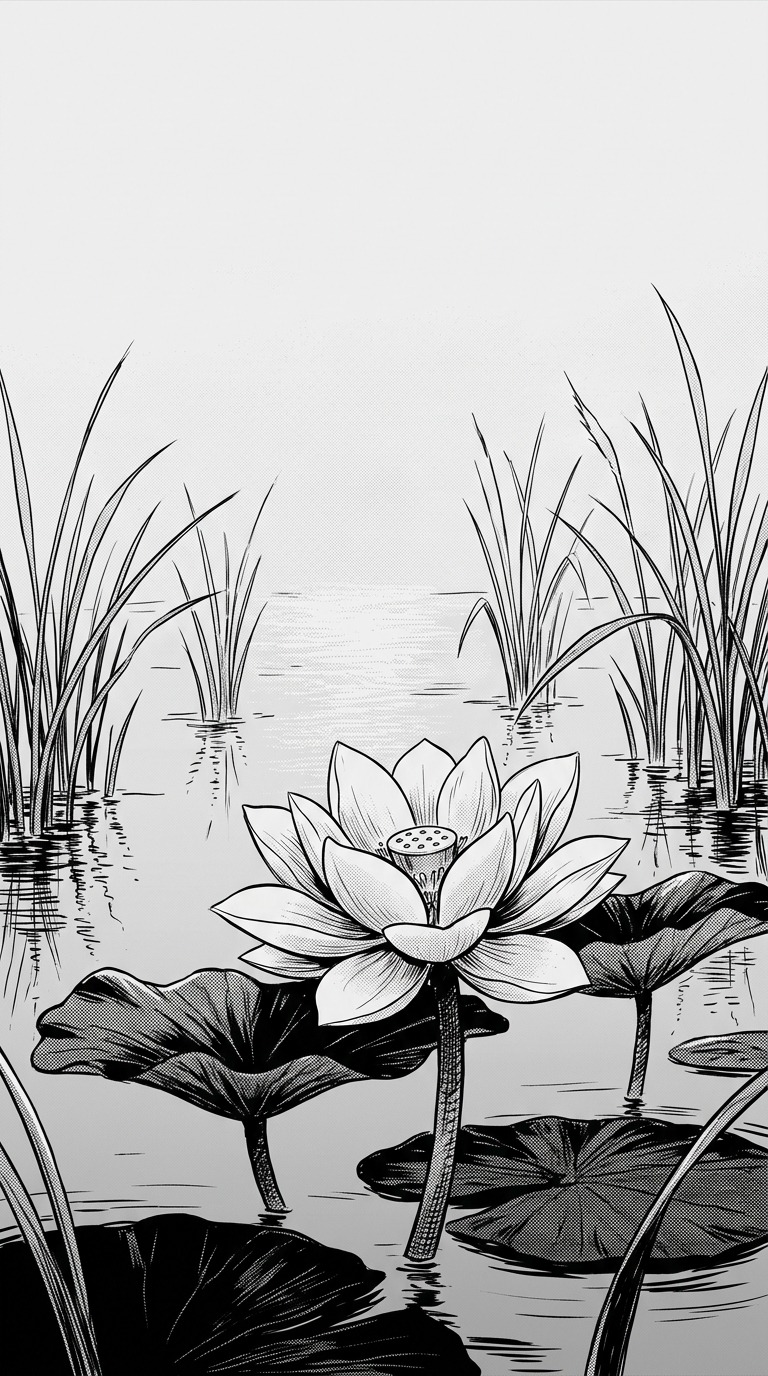 A quiet lotus pond with one large pale flower in the foreground, slender reeds and reflected moonlight, minimalist black-and-white design