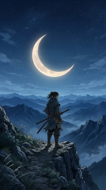 An original adult wandering swordsman with a sheathed sword on a rocky ridge, huge pale moon and layered blue mountains, tranquil atmosphere