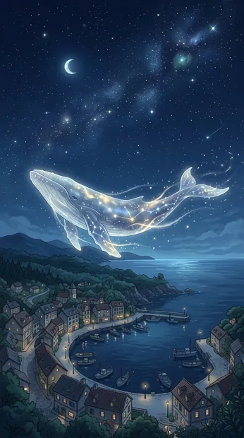 An original celestial whale made of soft starlight swimming above a sleepy coastal town, silver-blue moonlight and a calm open sky