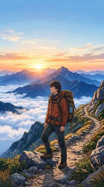 An original adult backpacker on a winding mountain trail above a cloud inversion, distant orange sunrise and blue ridgelines, hopeful wide-open atmosphere