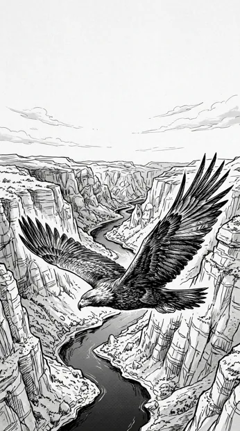 A soaring eagle above steep canyon walls and a winding river, finely inked feathers, dramatic high-altitude perspective