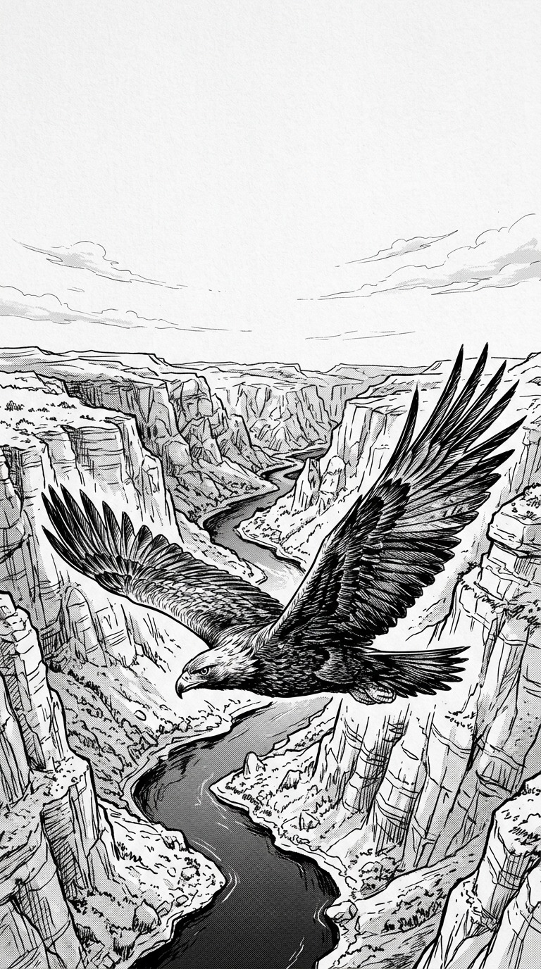 A soaring eagle above steep canyon walls and a winding river, finely inked feathers, dramatic high-altitude perspective