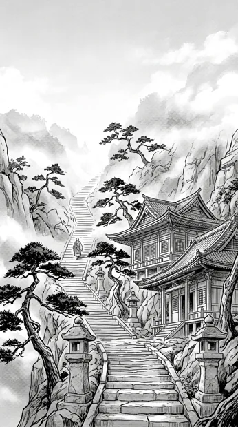 An old mountain temple reached by steep stone steps, crooked pines and thick mist, delicate architectural line work