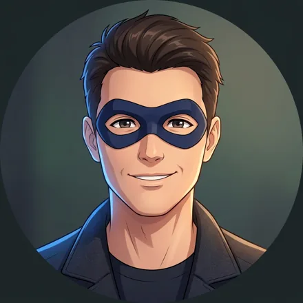 An original adult character wearing a plain navy half-mask over the eyes, visible friendly smile and short dark hair, blue rim light, no franchise motifs
