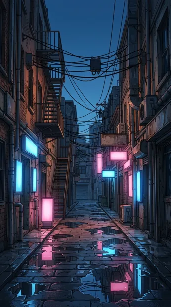 A narrow empty city alley with blue and pink light panels without lettering, reflective puddles, overhead wires and deep cinematic perspective