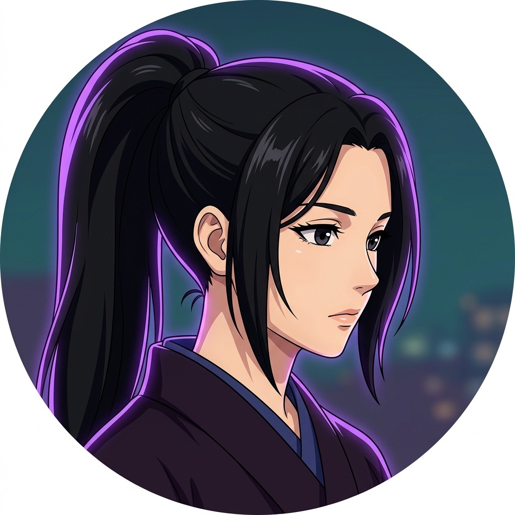An original adult character with a high black ponytail and a simple dark kimono collar, purple neon rim light, strong thoughtful gaze