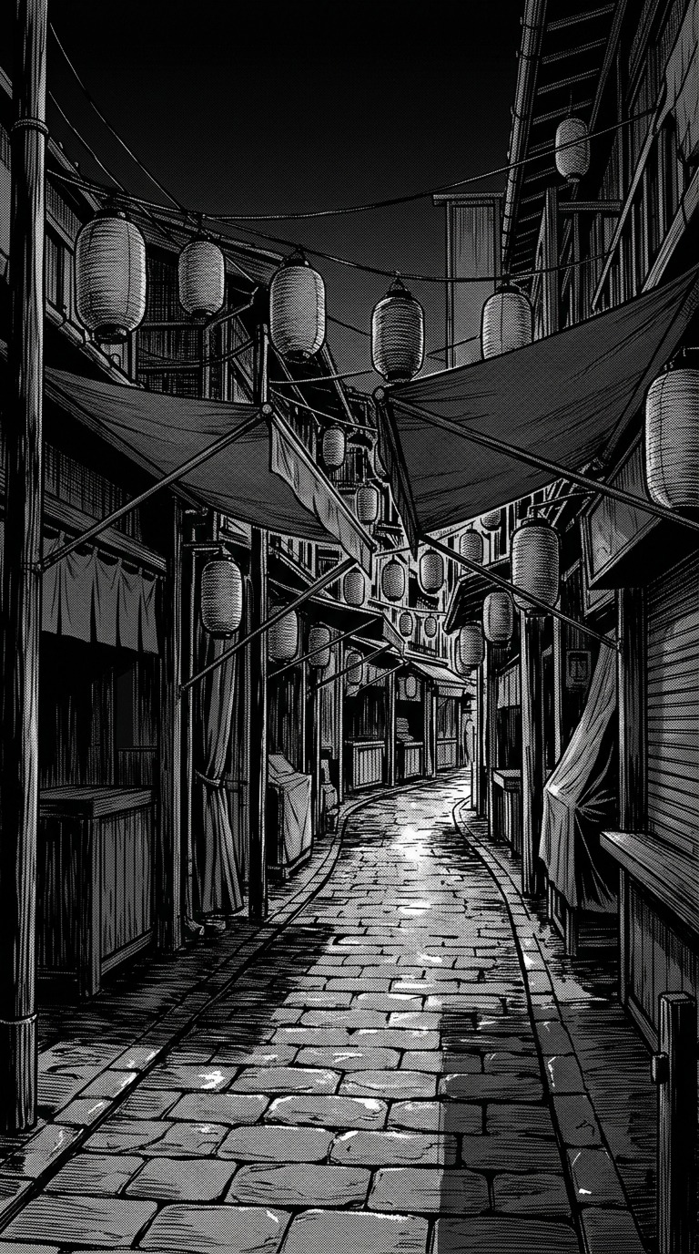 An empty closed night-market lane with unmarked awnings and hanging lanterns, wet stones and long shadows, no readable signs