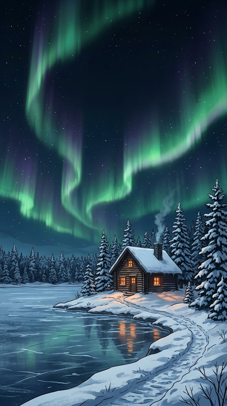 A tiny wooden cabin beside a frozen lake beneath sweeping green and violet aurora, snowy fir trees, warm window contrast