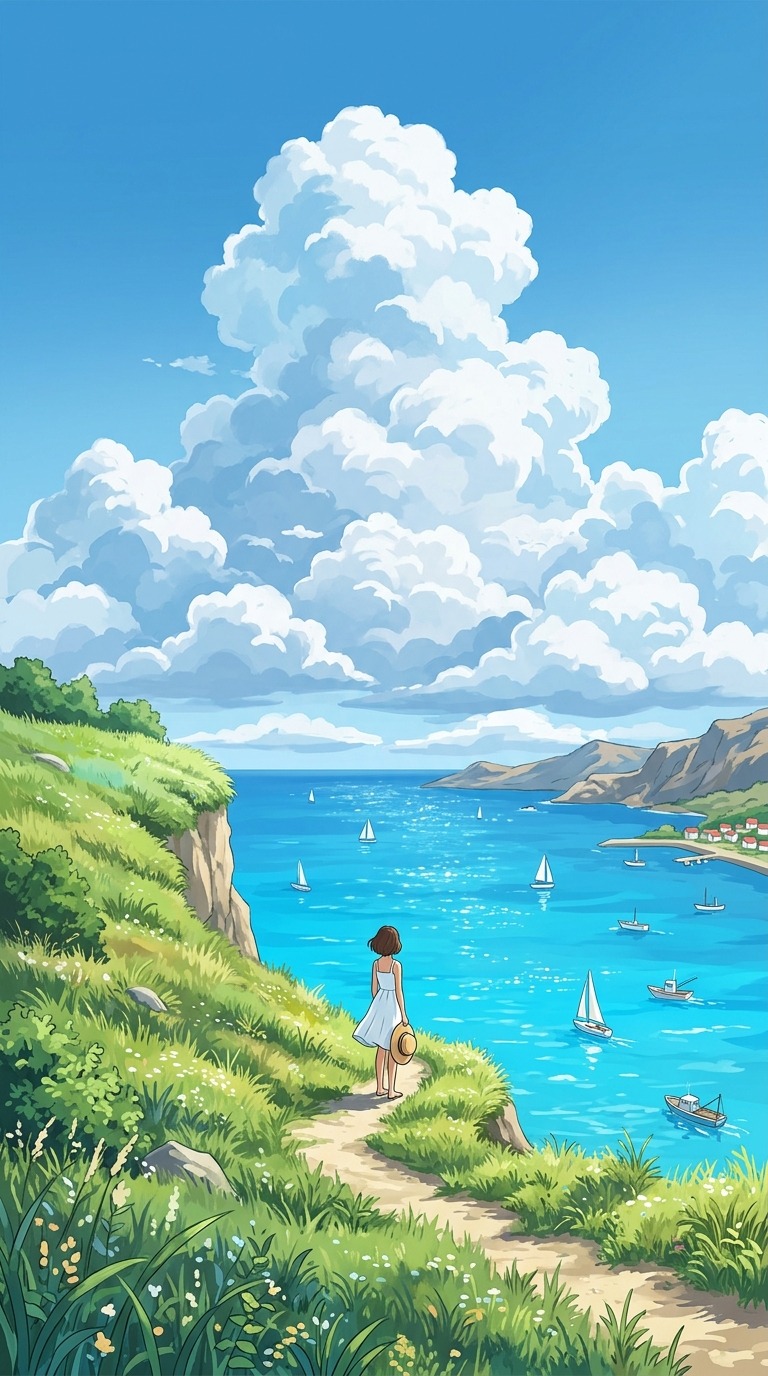 A grassy coastal cliff overlooking a brilliant turquoise ocean, towering summer clouds and tiny sailing boats, fresh blue and white palette