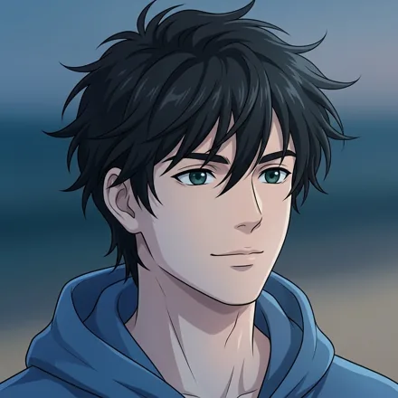 An original adult character with sea-green eyes and windswept black hair, blue hoodie collar, soft ocean-colored light