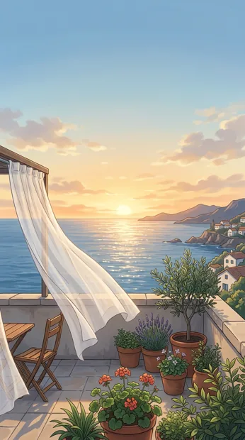 A seaside rooftop terrace with potted plants and a white curtain moving in the breeze, golden sun rising over calm ocean, serene open composition