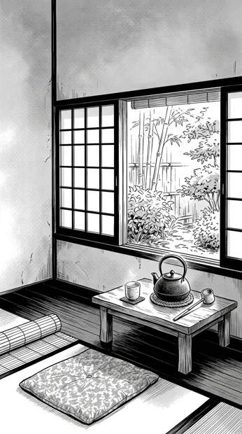 An empty traditional tea room with a kettle and cup beside an open garden window, bamboo outside, quiet balanced ink composition