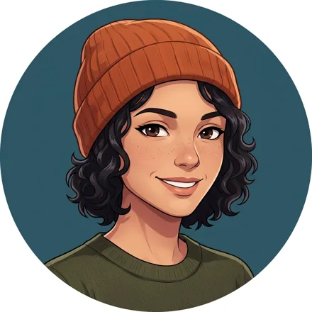 An original adult character with dark curly hair peeking from an orange knit beanie, warm smile, clean dark teal background