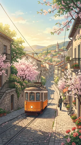 A vintage orange tram on a sloping quiet street lined with flowering trees, early sunlight and long shadows, welcoming small-city mood