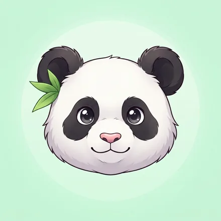 An original cute panda face with a small bamboo leaf beside one ear, bright expressive eyes, pale green background