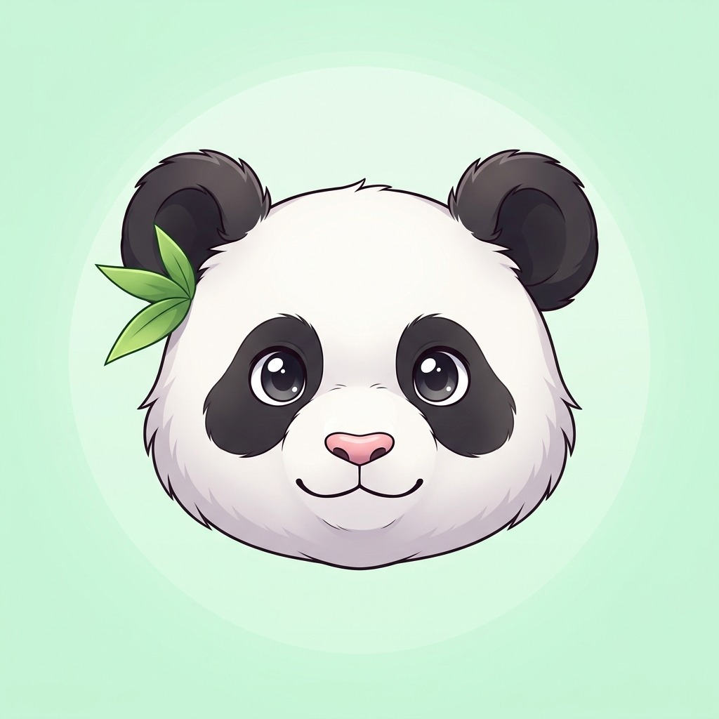 An original cute panda face with a small bamboo leaf beside one ear, bright expressive eyes, pale green background
