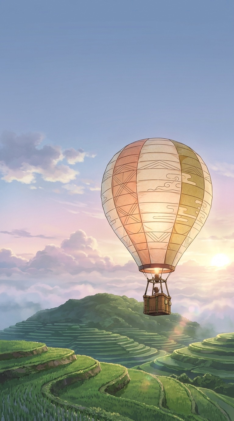 A whimsical original hot-air balloon shaped like a glowing paper lantern drifting above green terraces at sunrise, gentle clouds