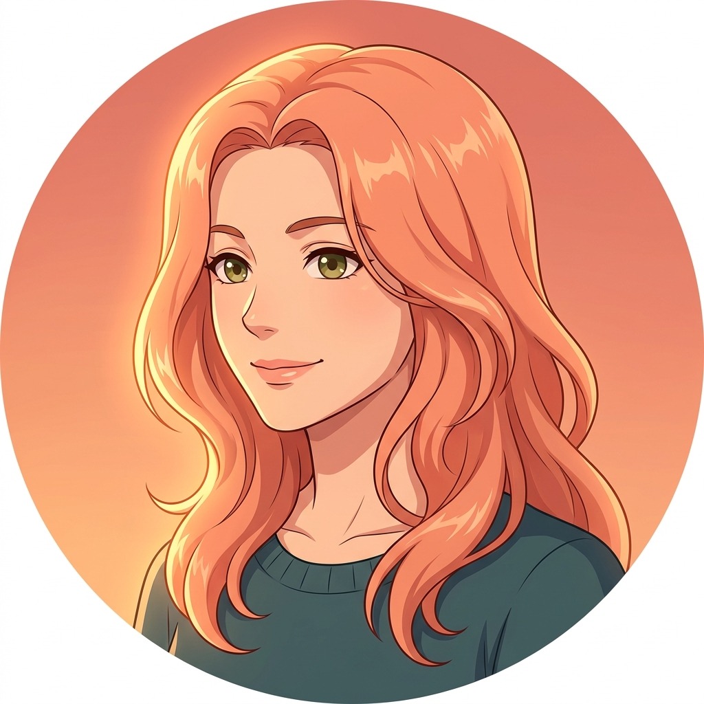 An original adult woman with peach-colored wavy hair and a relaxed smile, sunset rim lighting, simple soft coral background