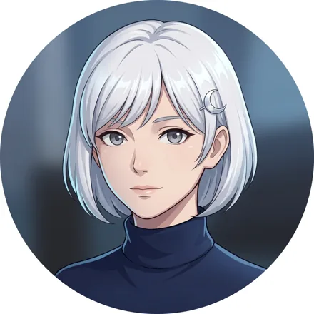 An original adult woman with pearl-white hair in a short bob, soft gray eyes and a tiny moon hairpin, elegant silver-blue lighting