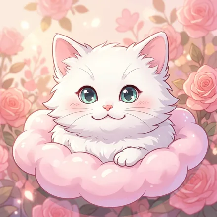 An original fluffy white cat with pink ears resting on a small pastel pink cloud, bright expressive eyes, simple rose background