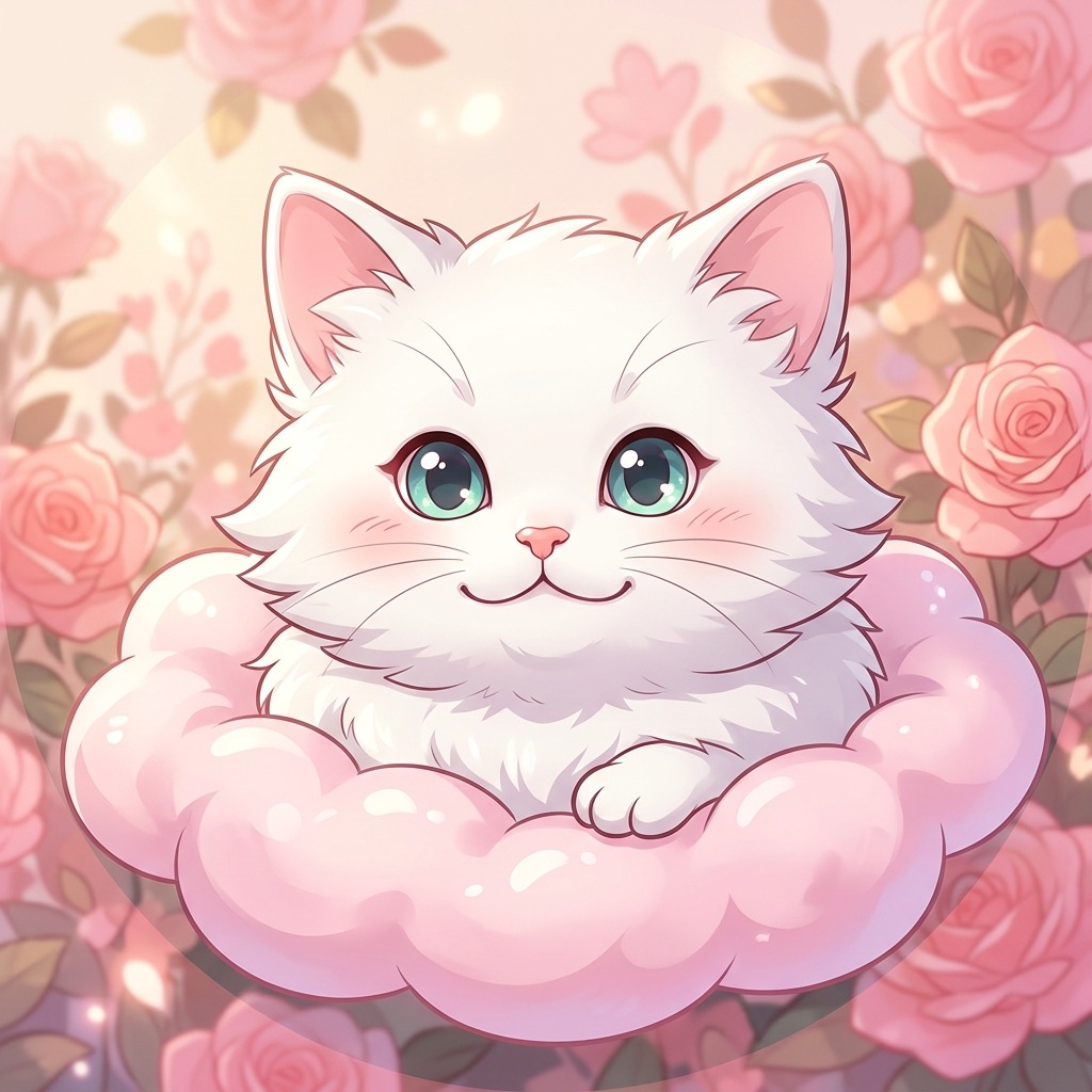 An original fluffy white cat with pink ears resting on a small pastel pink cloud, bright expressive eyes, simple rose background