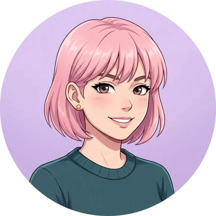 An original adult character with short pastel pink hair and one small star-shaped earring, confident smile, blush and lavender background