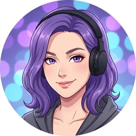 An original adult character with violet hair and plain black headphones, playful confident smile, purple and cyan bokeh without logos