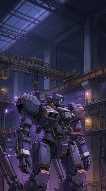 A completely original non-franchise giant robot standing in a vast industrial hangar, violet maintenance lights, atmospheric scale and detailed metal panels