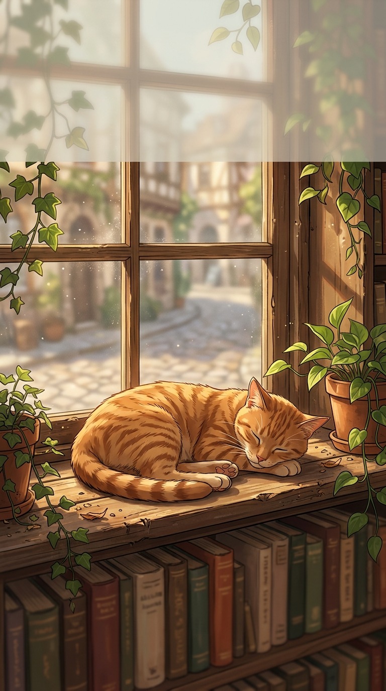 A ginger cat sleeping in the sunlit window of an old wooden bookshop, blurred blank book spines and trailing green plants, warm cozy detail