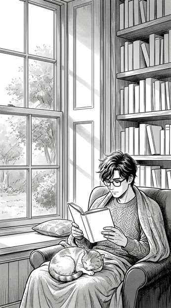 An adult reader seated beside a tall window with a sleeping cat, shelves with blank book spines, soft crosshatched afternoon light