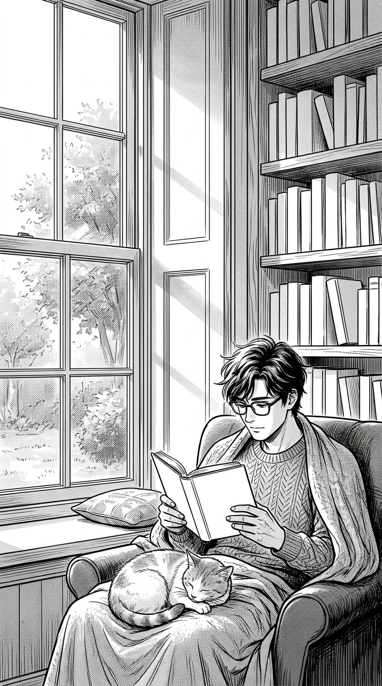 An adult reader seated beside a tall window with a sleeping cat, shelves with blank book spines, soft crosshatched afternoon light
