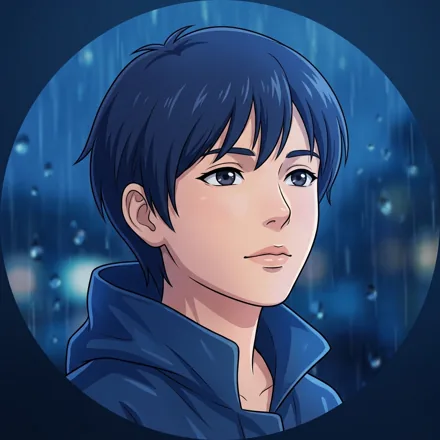 An original adult character with short navy hair, a blue raincoat collar and thoughtful expression, blurred rain droplets in a deep blue background