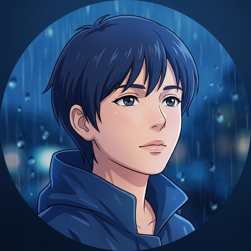 An original adult character with short navy hair, a blue raincoat collar and thoughtful expression, blurred rain droplets in a deep blue background
