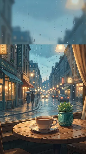 View through a rain-streaked cafe window toward a softly lit city street, ceramic cup and small plant in foreground, cozy gold and teal palette