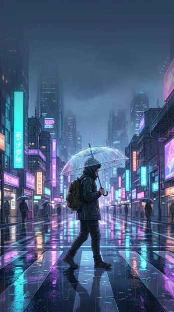 A lone adult traveler under a transparent umbrella crossing a rain-soaked futuristic street, violet and cyan reflections, tall buildings fading into mist