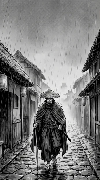 An original adult wandering swordsman with a sheathed sword under heavy rain, dark cloak, narrow village street receding into mist