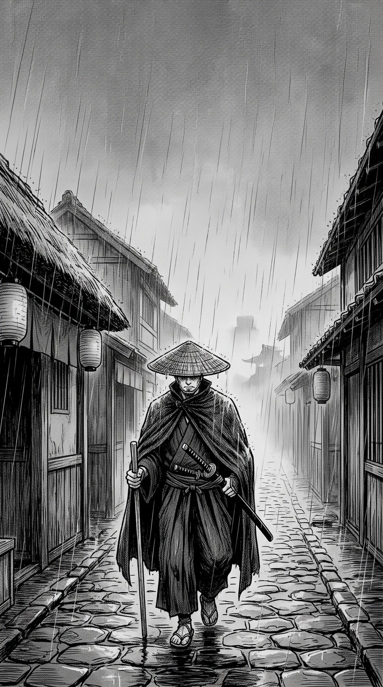 An original adult wandering swordsman with a sheathed sword under heavy rain, dark cloak, narrow village street receding into mist