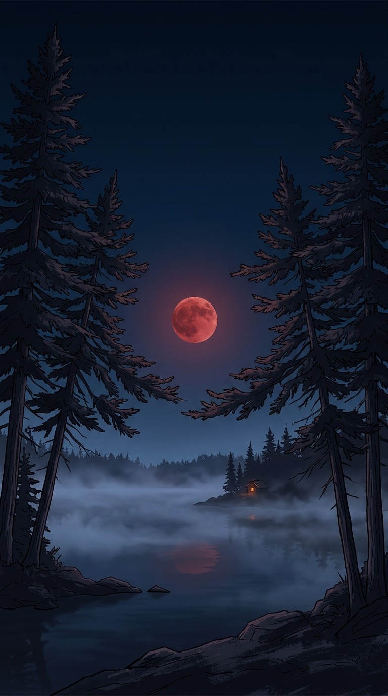 Tall black pine silhouettes framing a red moon over a misty lake, tiny cabin light near the shore, dramatic yet peaceful dark palette