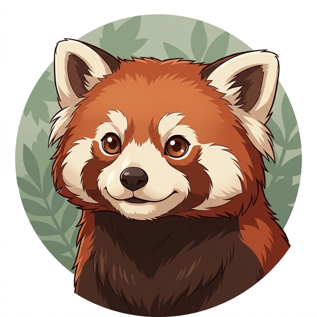 An original fluffy red panda with expressive brown eyes and rounded cheeks, subtle leaf silhouette background in muted green
