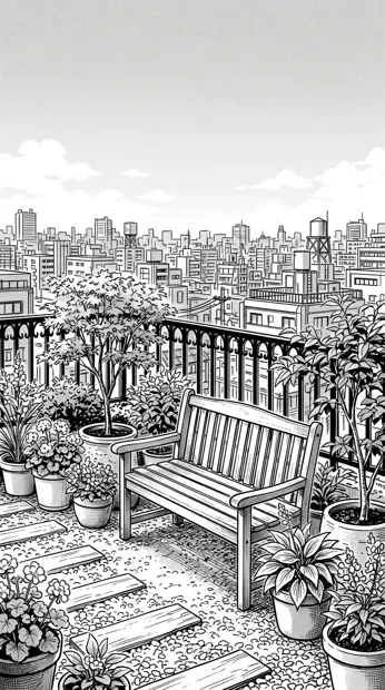 A lush rooftop garden of potted flowers and small trees above a dense city, an empty wooden bench, detailed black-and-white textures